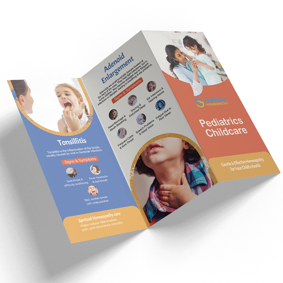 Open tri-fold healthcare brochure showing three printed panels on a white background