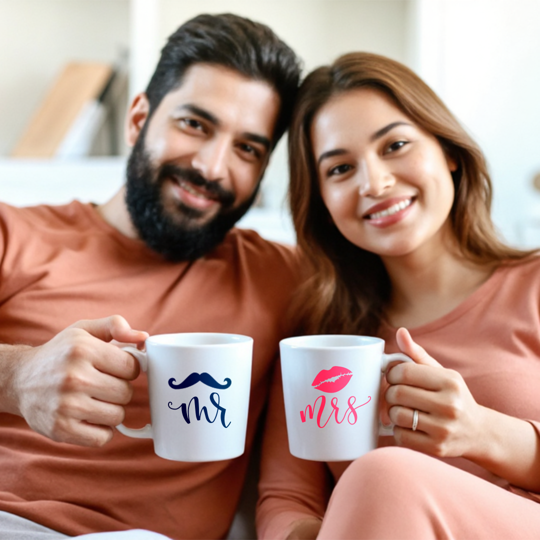 Couple holding white mugs printed with Mr and Mrs designs