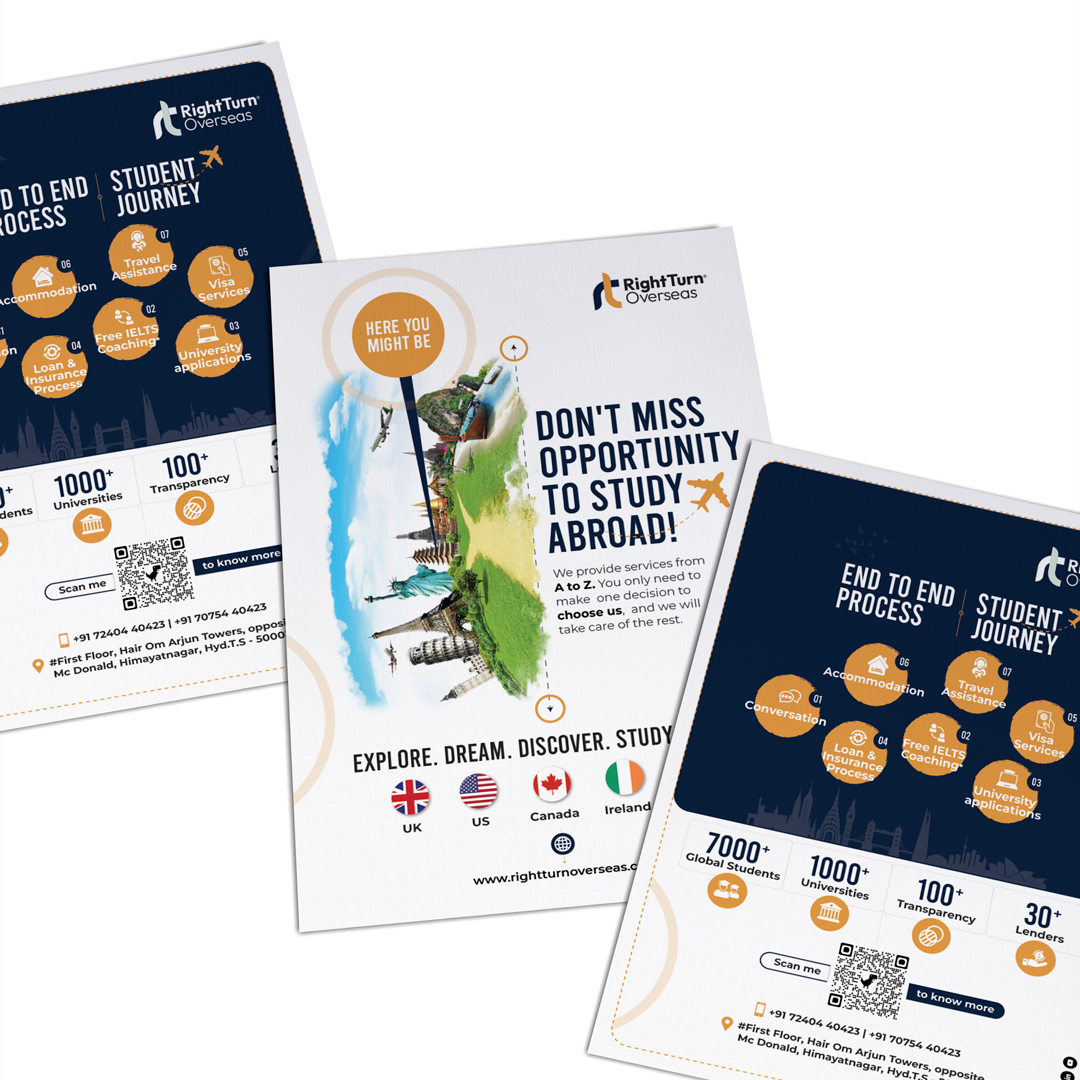 Printed promotional flyers for a study abroad service arranged on a white background
