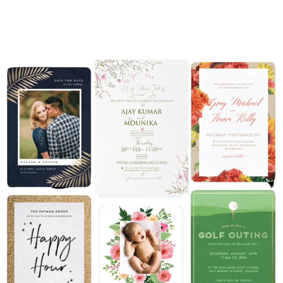 Wedding invitation card design samples with floral, photo and classic layouts