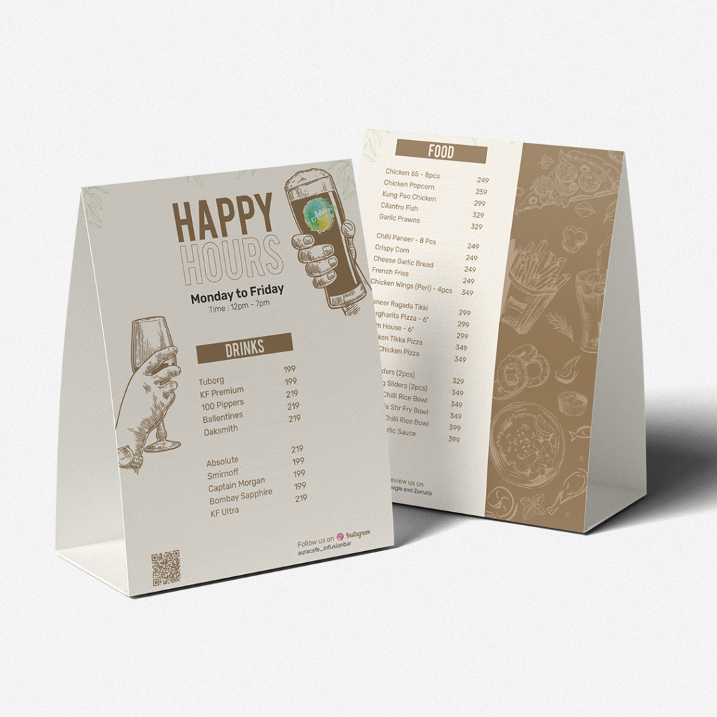 Printed tabletop restaurant menus with food and drinks sections
